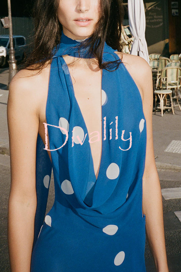 Fashion Polka Dot Print Sexy Halter Neck Backless Maxi Dress