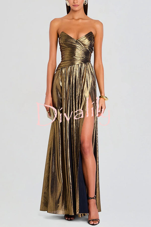 Goddess Temperament Metallic Pleated Fabric Off Shoulder Slit Maxi Dress