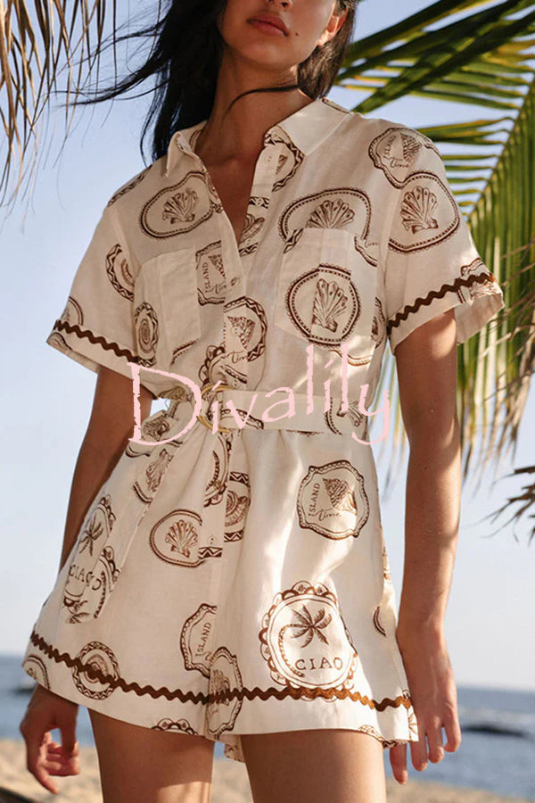 Resort Style Print Lapel Short Sleeves Casual Pocket Waist Tie Loose Rompers