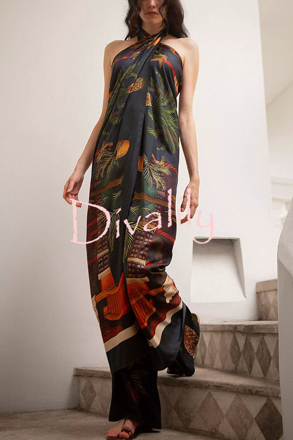 Jungle Elf Unique Print Halter Slit Midi Tank and Elastic Waist Wide Pants Set