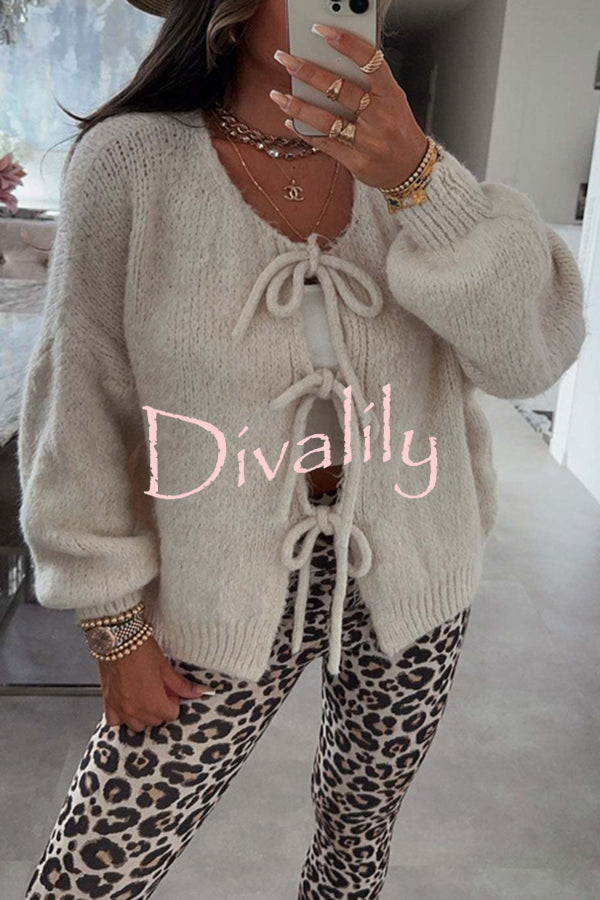 Solid Color Long-sleeved V-neck Lace-up Loose Knitted Sweater