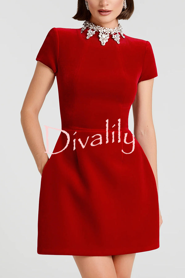 Regan Luxurious Velvet Jewel-encrusted Turtleneck Short Sleeve Pocket Tulip Mini Dress