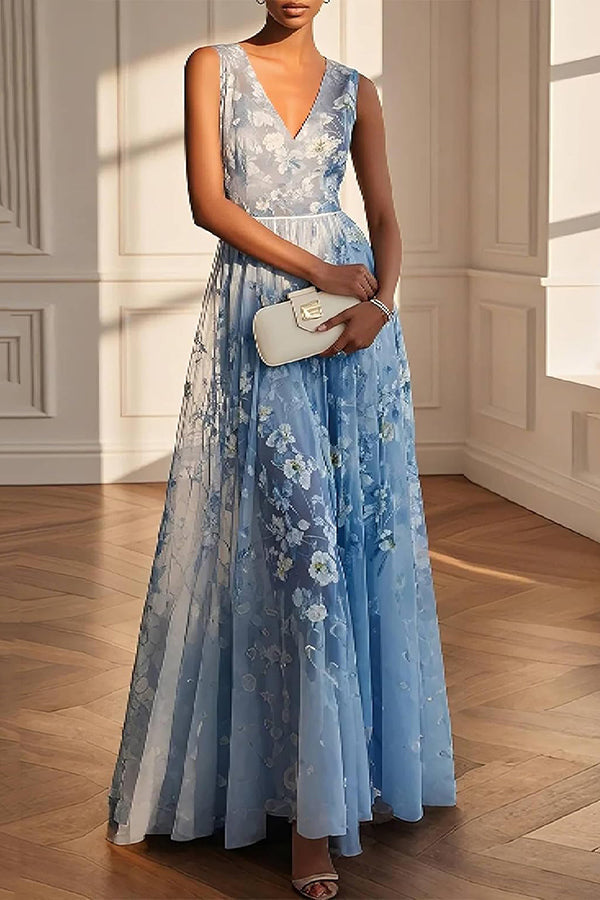 Floral Print V-Neck Sleeveless Elegant Maxi Dress
