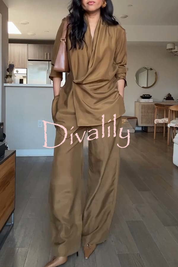 Bella Satin Drape Collar Single Button Casual Blazer and Elastic Waist Pocket Loose Pants Set