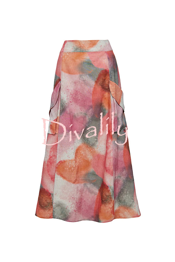 Laylin Wide Sleeve Shirt and Watercolor Print High Waist Drape Pocket Maxi Skirt Set