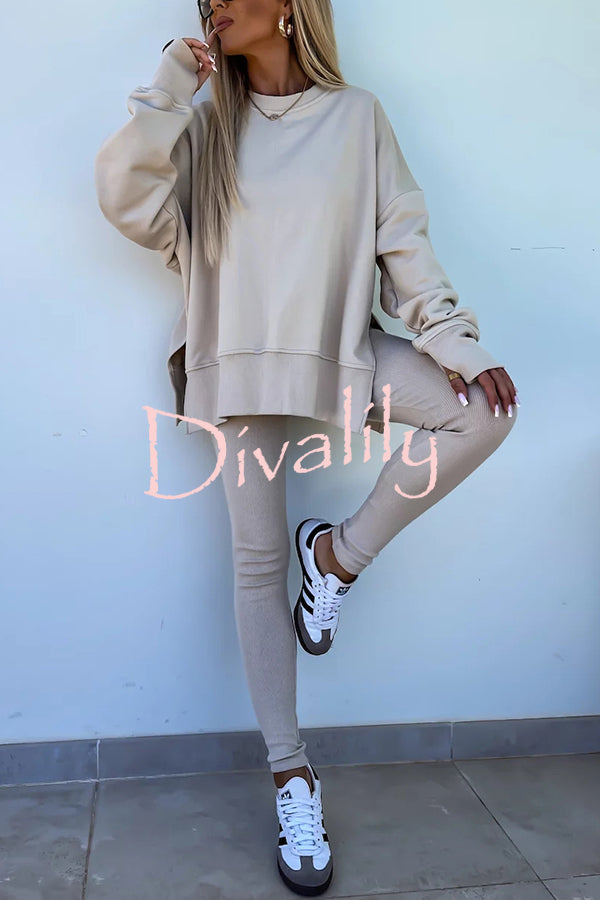 Solid Color Loose Long Sleeve SlitSweatshirt and Elastic Waist Tight Pants Set