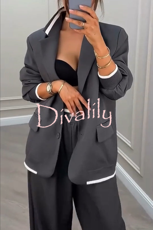 Fashion Sports Style Ribbed Colorblock Lapel Blazer and Elastic Waist Pocket Loose Pants Set