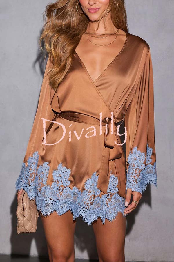 Joyful Bond Satin Lace Trim Contrast Color Bell Sleeve Tie-up Kimono Mini Dress