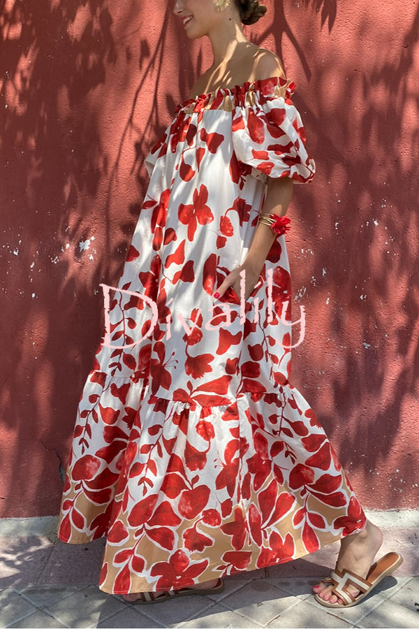 Floral Print Off-The-Shoulder Puff Sleeve Loose Holiday Maxi Dress