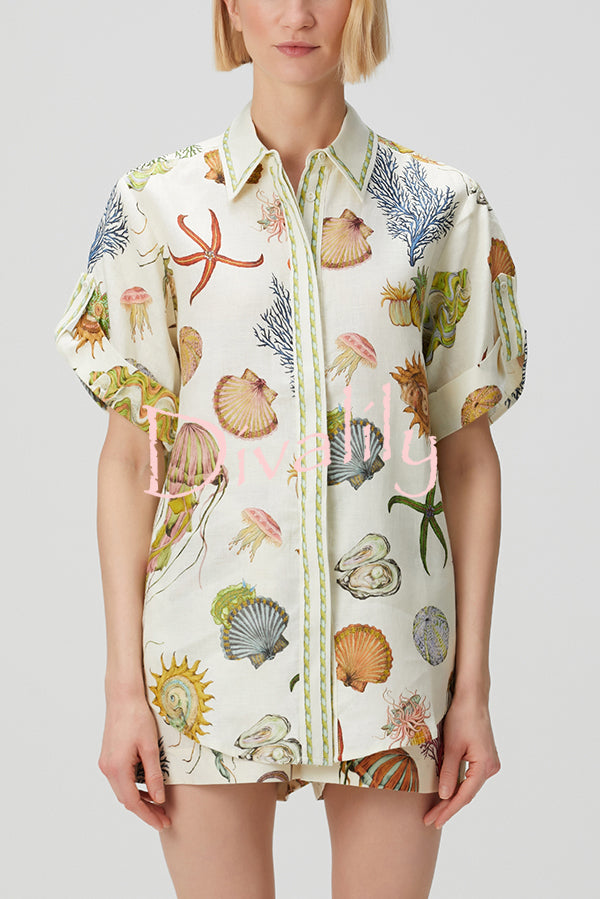 Beach Shell Print Short Sleeve Loose Shirt and Elastic Waist Tie Casual Pocket Shorts Set