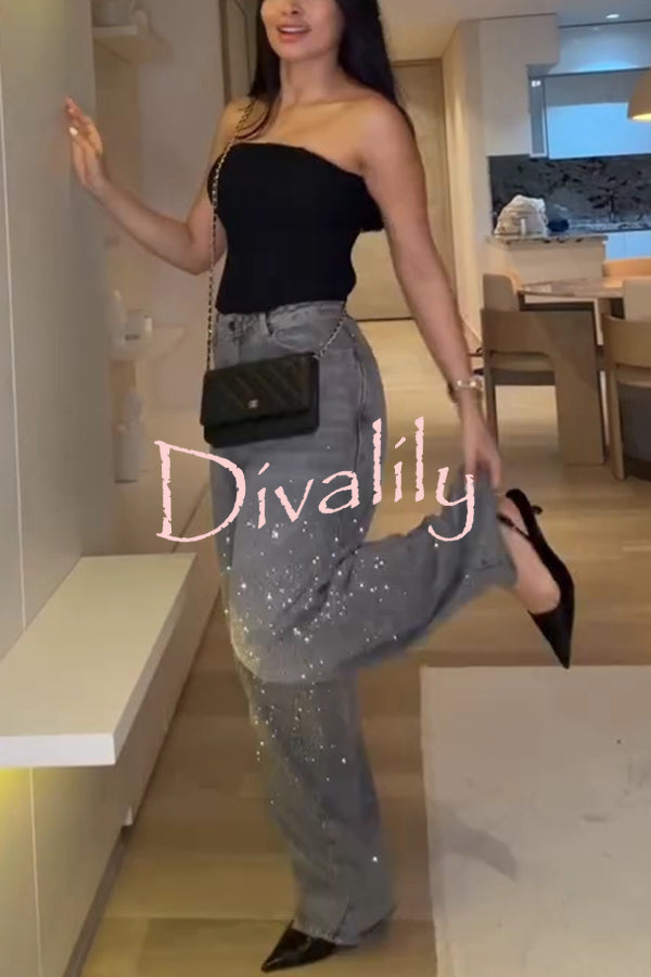Fashion Star Rhinestone High Rise Casual Pocket Straight Loose Jeans