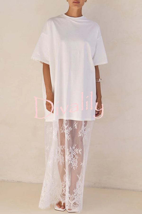 Ophelia Short Sleeve Sheer Floral Lace Hem Oversized T-shirt Maxi Dress