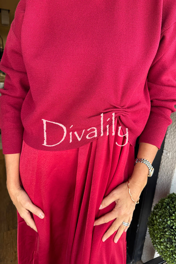 Practical Fashion Knit Ruched Sweater and Satin Stretch Tank Midi Dress Two-piece Set