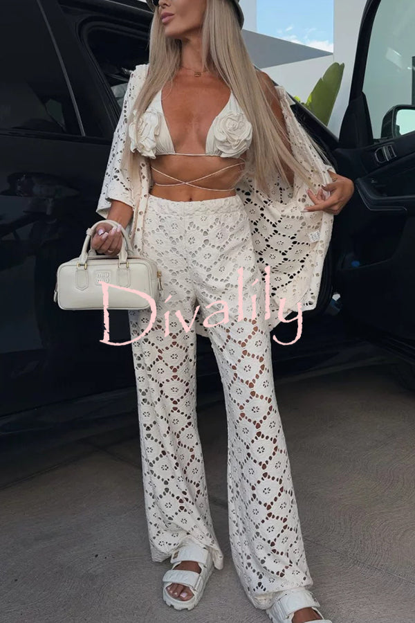 Holiday Crochet Flowers Lace Short Sleeve Shirt and Elastic Waist Wide Leg Pants Set