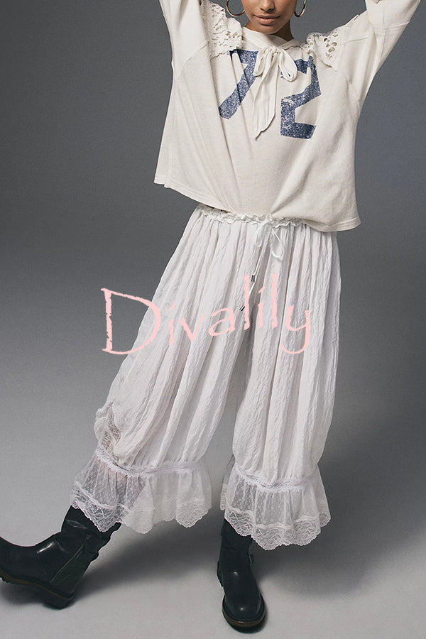 Pastoral Style Elastic Waist Lace Hem Bloomer Pants