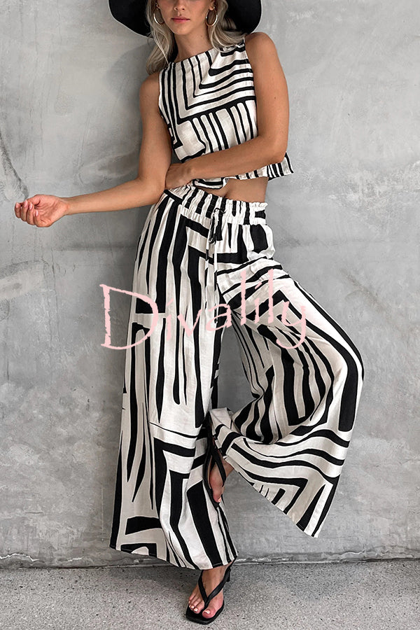 Striped Printed Sleeveless Casual Top and Elastic Waist Loose Pocket Wide-leg Pants Set