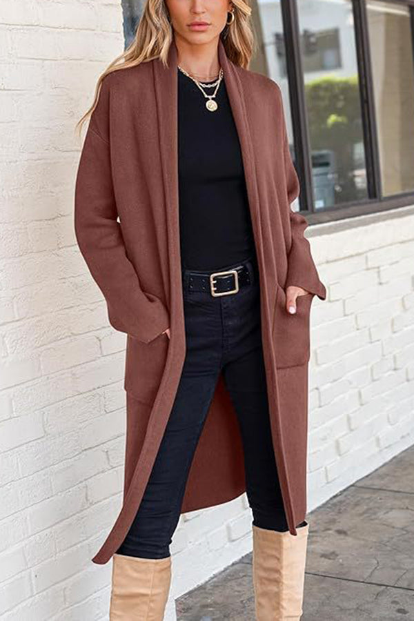 Solid Color Long-sleeved Casual Loose Pocket Mid-length Cardigan