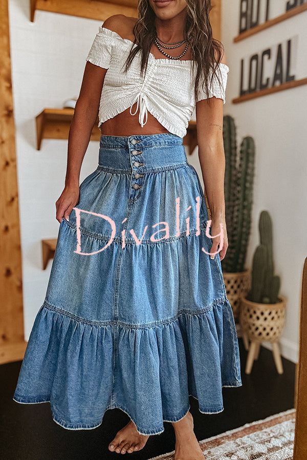 Bohemian High Rise Button Up Loose Denim Pocket Maxi Skirt