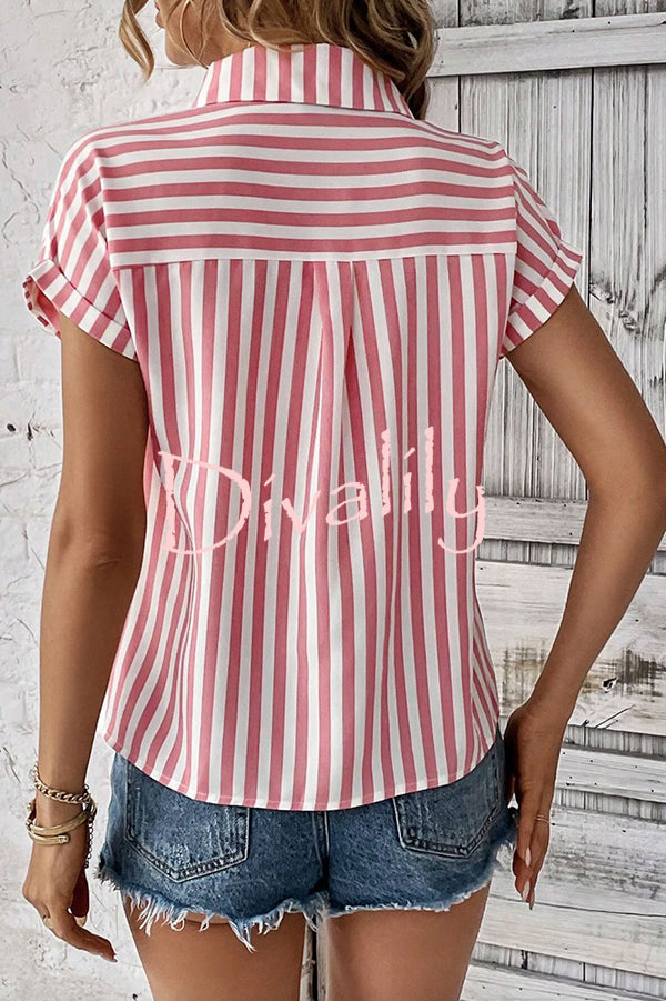 Striped Print Short Sleeve Pocket Shirt Top