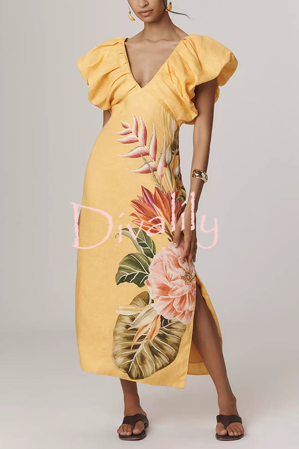 Plant Print V-neck Open Back Holiday Style Slit Midi Dress