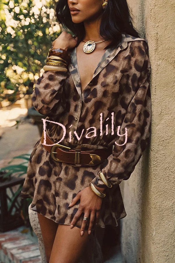 Sexy and Stunning Leopard Long Sleeve Drop Waist Shirt Mini Dress