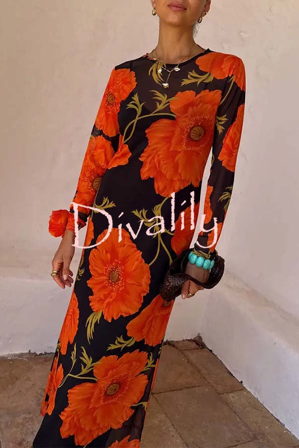 Perfect Cross-season Mesh Poppy Flower Print Long Sleeve Stretch Maxi Dress