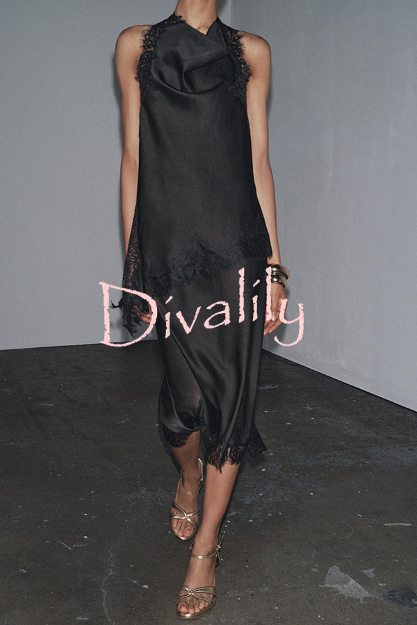 Dolly Satin Lace Trim Halter Cowl Neck Asymmetric Hem Tank