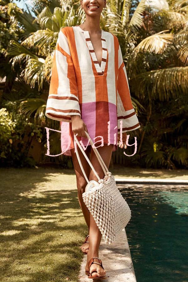 Talah Linen Blend Color Block Print V-neck Long Bell Sleeve Loose Mini Dress