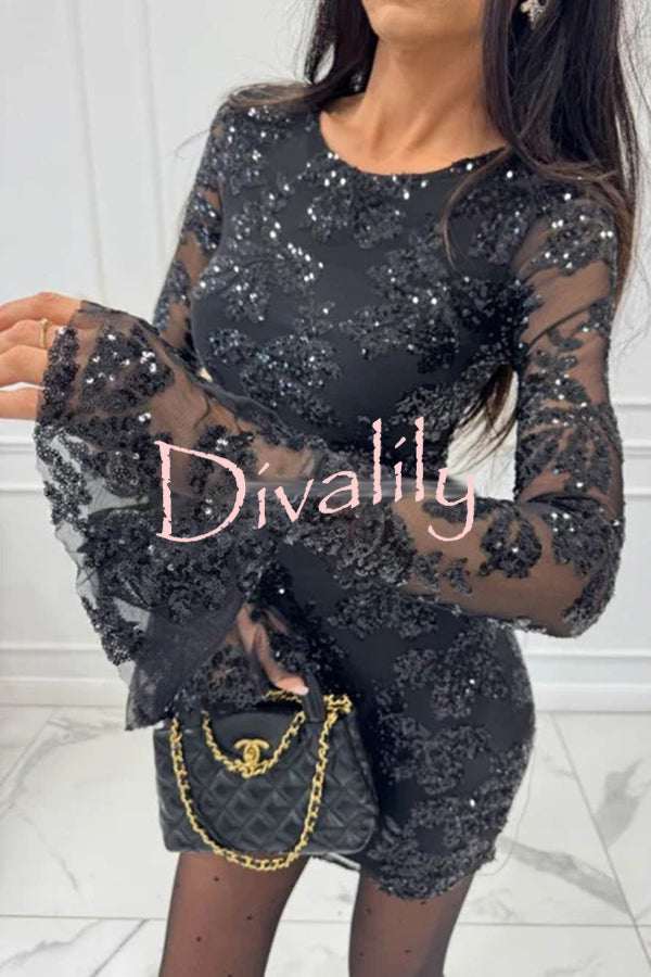 Deep and Dazzling Floral Texture Sequin Long Bell Sleeve Open Back Mini Dress