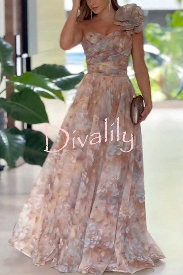 Romantic Ball Chiffon Floral One-shoulder Pleated Design Back Lace-up Gown Maxi Dress
