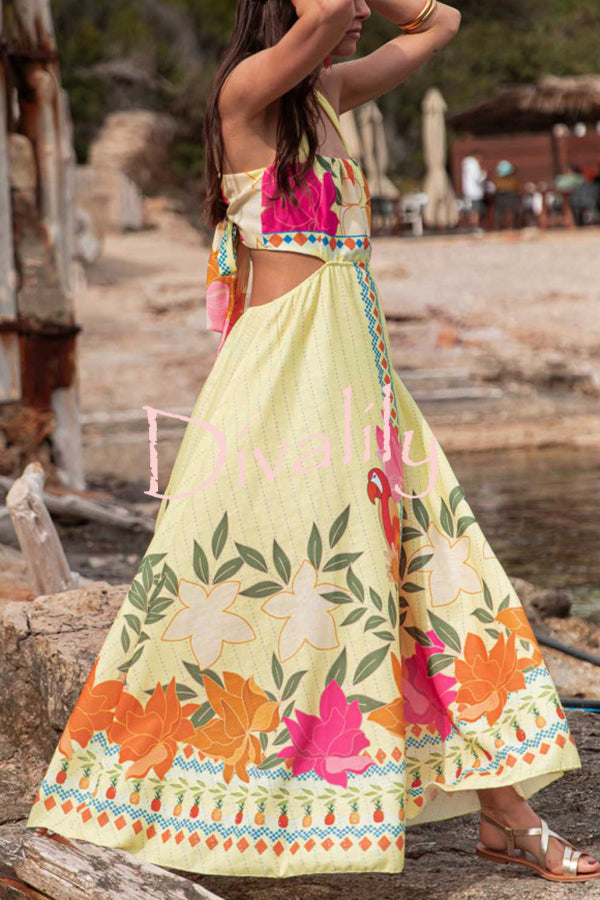 Resort Style Unique Print Sexy Square Neck Backless Waist Maxi Dress