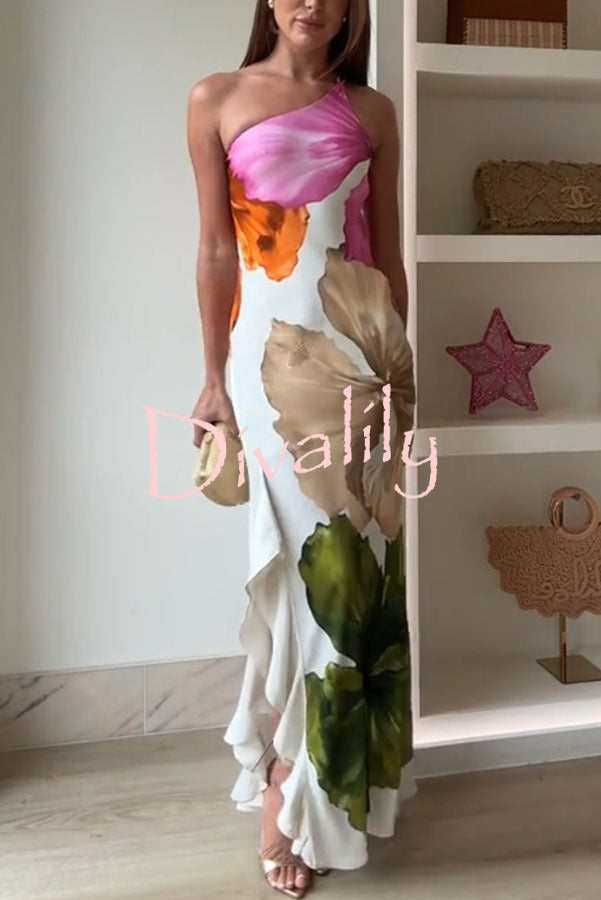 Love Filled Floral Print One Shoulder Side Ruffles Maxi Slip Dress