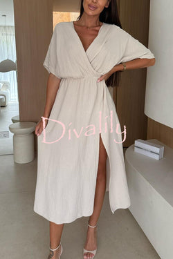 Linen Blend Solid Color V-neck Short Sleeve Waist Loose Slit Midi Dress