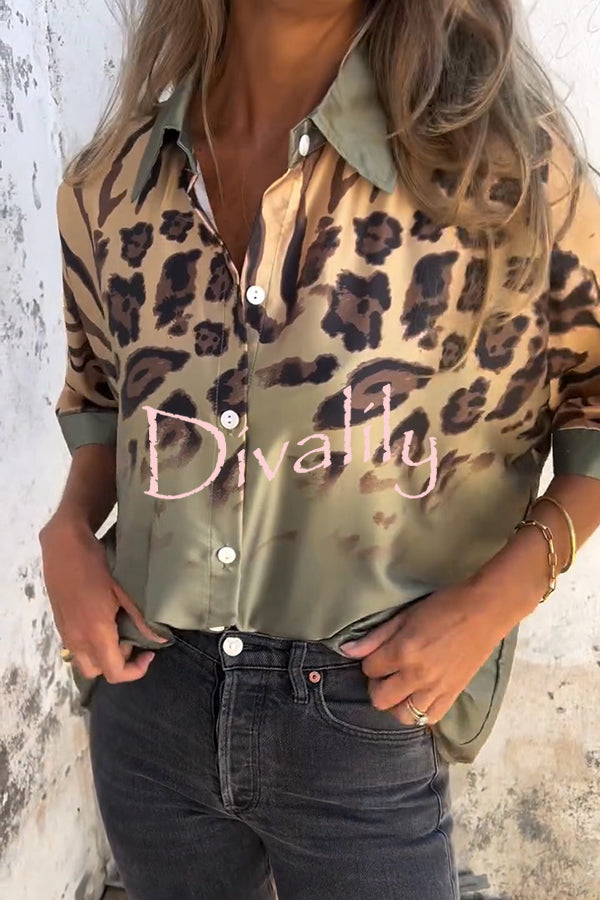 Classic Wild Satin Gradient Leopard Print Loose Short-sleeved Blouse