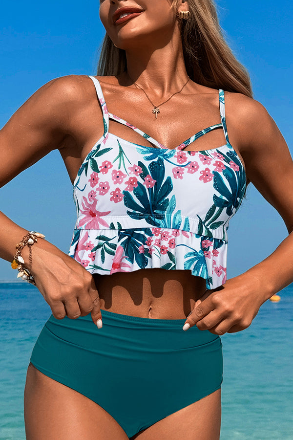 Botanical-print Ruffled High-waisted Stretch Two-piece Bikini Swimsuit