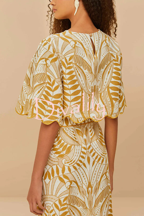 Korra Linen Blend Unique Print Wave Trim Bell Sleeve Top and Elastic Waist Pocket Midi Skirt Set
