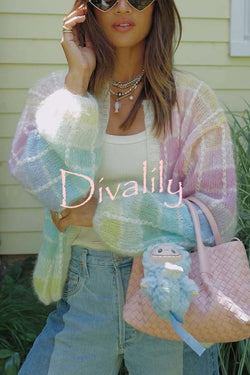 Palette Day Knit Color Blocks Open Front Balloon Sleeve Loose Cardigan