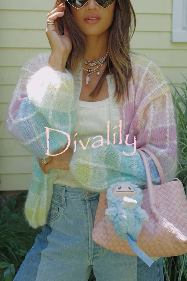 Palette Day Knit Color Blocks Open Front Balloon Sleeve Loose Cardigan