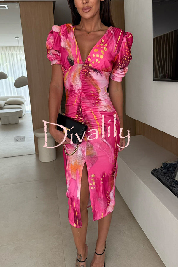 Unique Print V-Neck Puff Sleeve Slit Slim Midi Dress