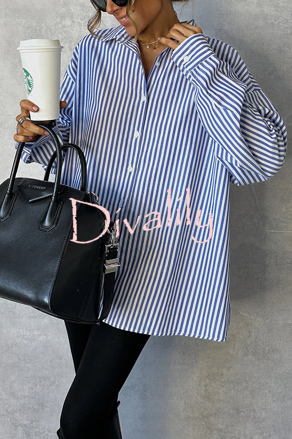 Fashionable Striped Printed Loose Long-sleeved Casual Shirt