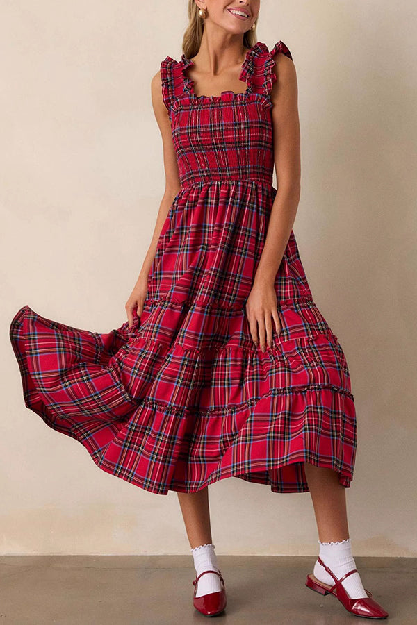 Plaid Print Ruffled Halter Pleated Sleeveless Casual Midi Dress