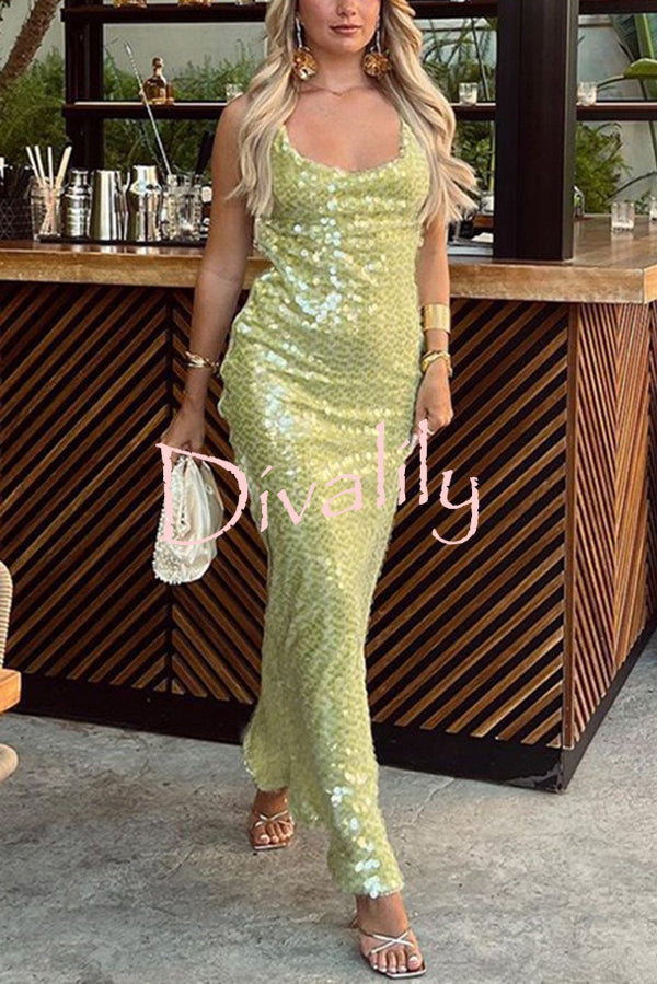 Fashionable Sequined Sexy Open Back Slim Maxi Dress