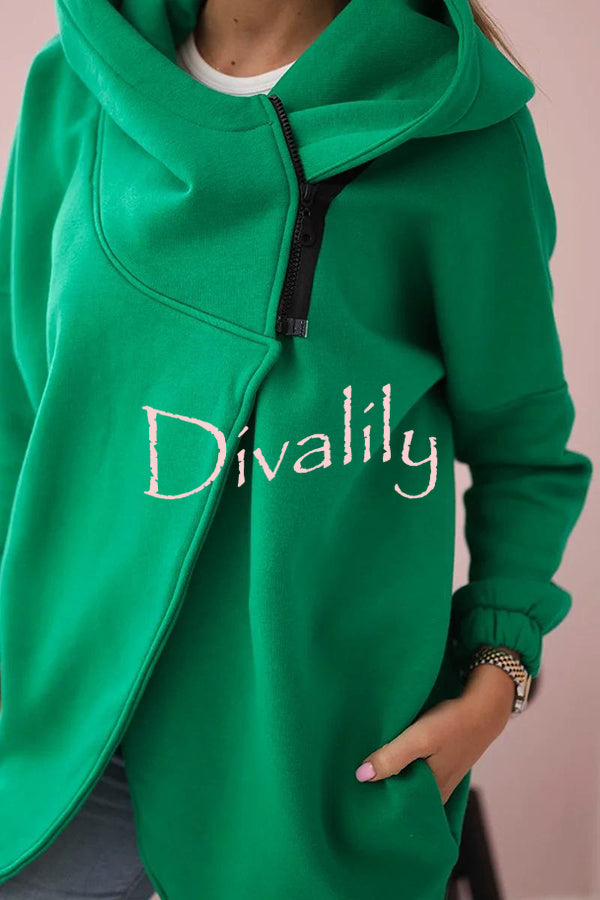 Solid Color Loose Hooded Zip-up Casual Sports Jacket