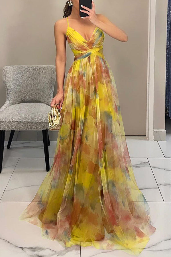 Giselle Tulle Render Floral Print Cutout Waist Back Lace-up Maxi Dress