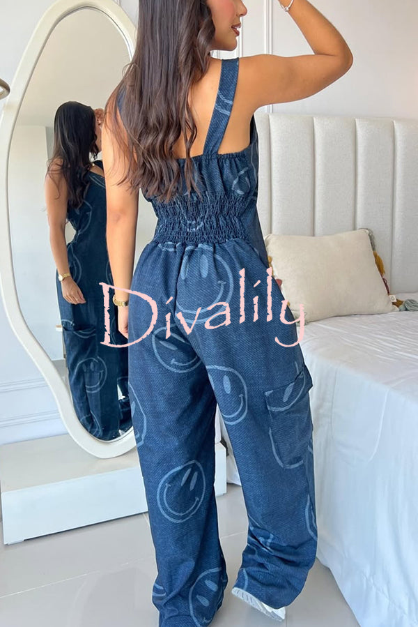 Fashion Cartoon Print Loose Round Neck Back Pleated Casual Pocket Wide Leg Jumpsuit