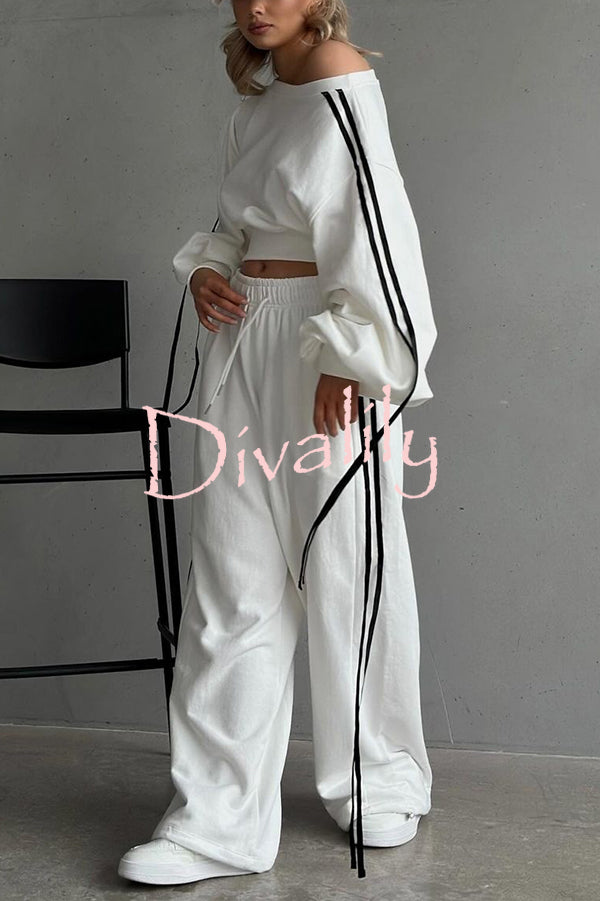 Contrast Color Webbing Casual Sweatshirt and Elastic Waist Tie Loose Pants Set