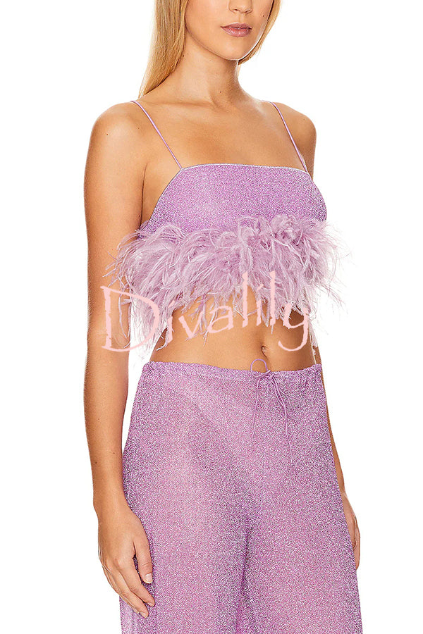 Music Carnival Glitter Stretch Fabric Feather Trim Tank and Elastic Waisted Flared Pants Set