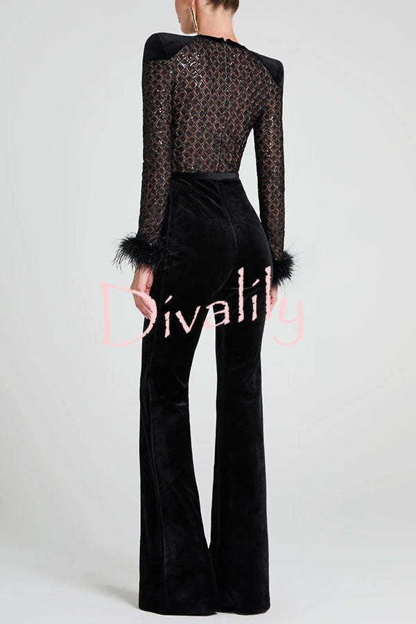 Monique Fish Scale Lace Sequin Velvet Patchwork Feather Trim Stretch Flare Jumpsuit