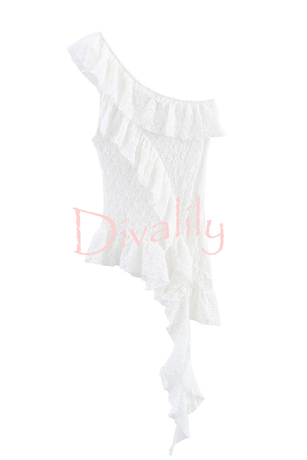 Solid Color Lace One Shoulder Ruffled Slim Fit Top