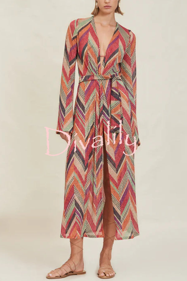 Gypsy Girl Triangle Pattern Tie-up Long Sleeve Midi Cover-up Robe